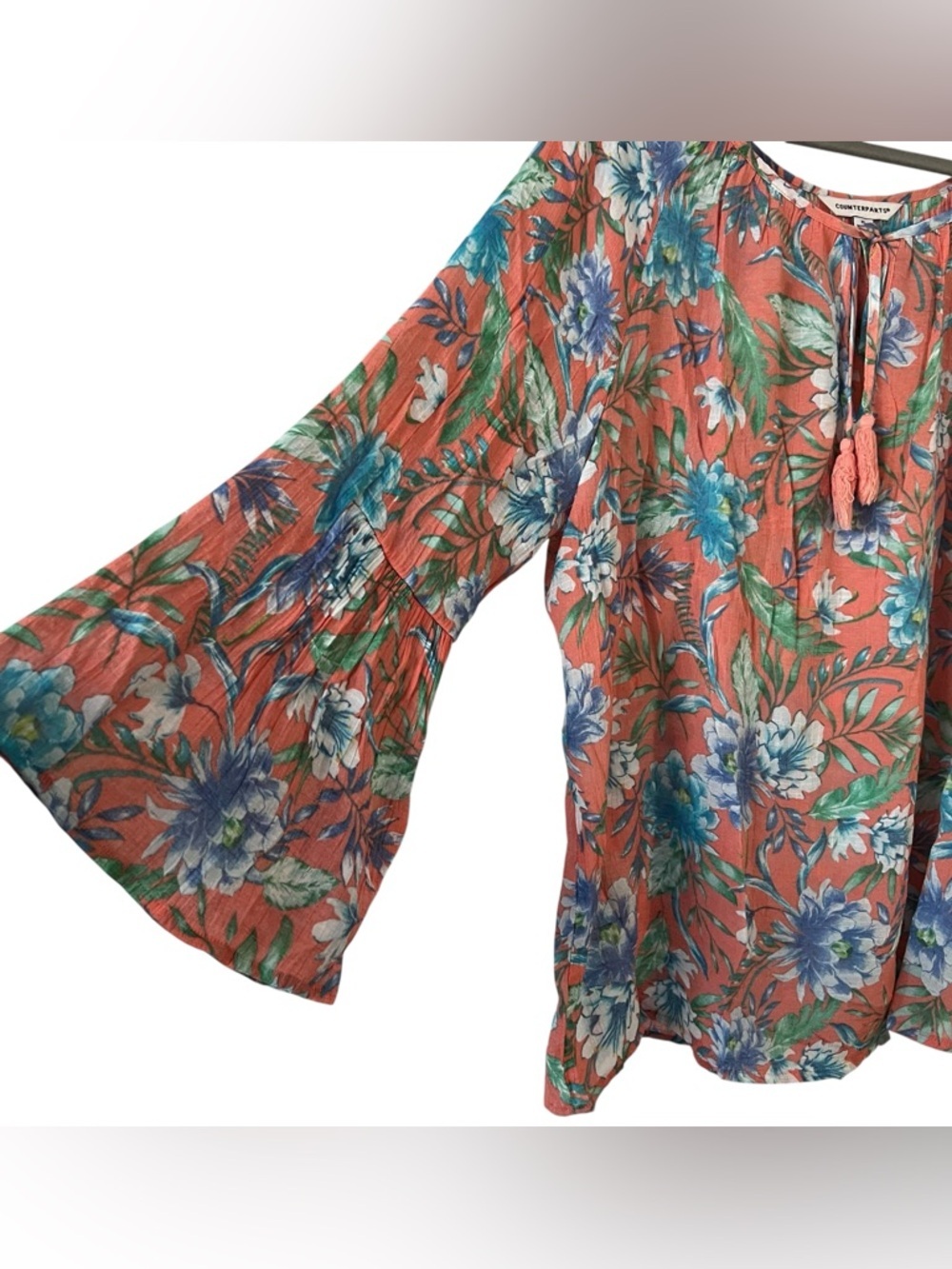 Counterparts Floral Boho Peasant Blouse Bell Sleeve Tassel Tie XL - Picture 3 of 9